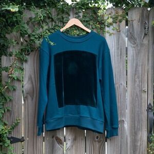 Correll Correll Teal Velvet Panel Sweatshirt Large Handmade NYC Minimalist Luxe